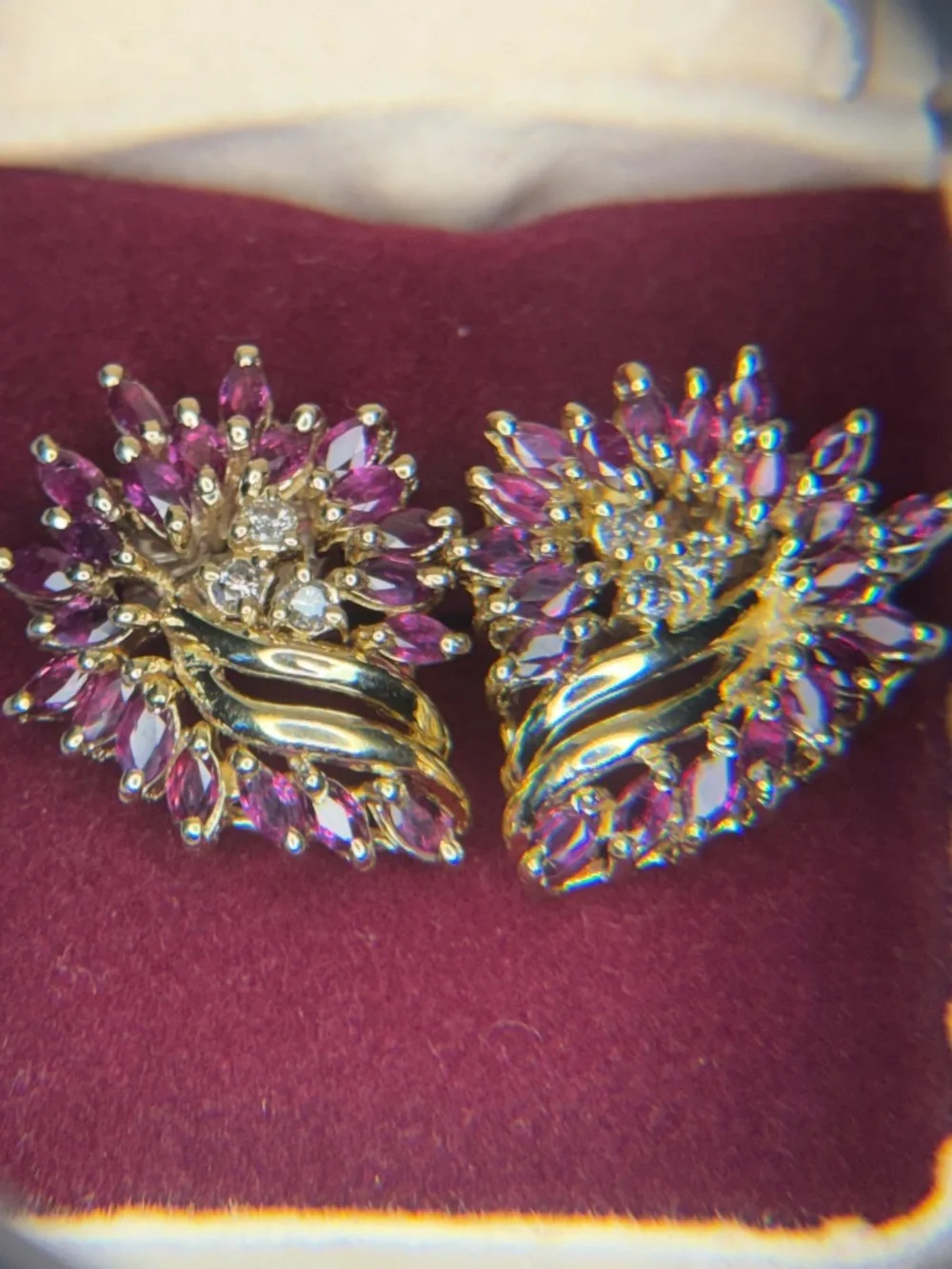 14k Yellow Gold Genuine Ruby And Diamond Earring. Vintage And Papers Included